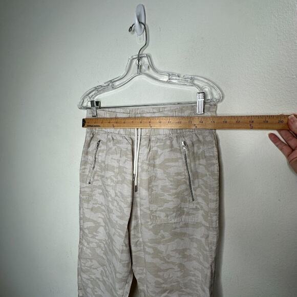 Athleta Cream & Tan Camo Cabo Print Tied Linen Jogger Pant Zip Front Pockets 4 - Picture 13 of 15